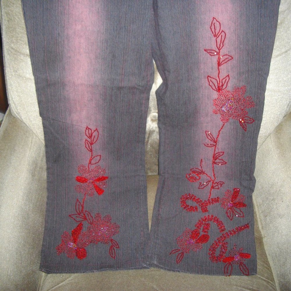 Simon Chang Red Jeans With Beaded Roses - Picture 2 of 5